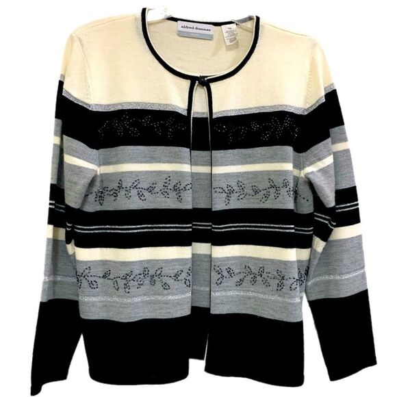 ALFRED DUNNER Sweater women MP black gray cream stripe One piece. - Picture 1 of 14
